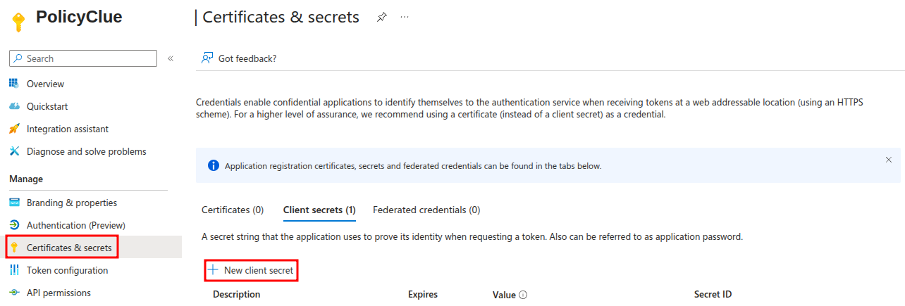 Certificates & secrets