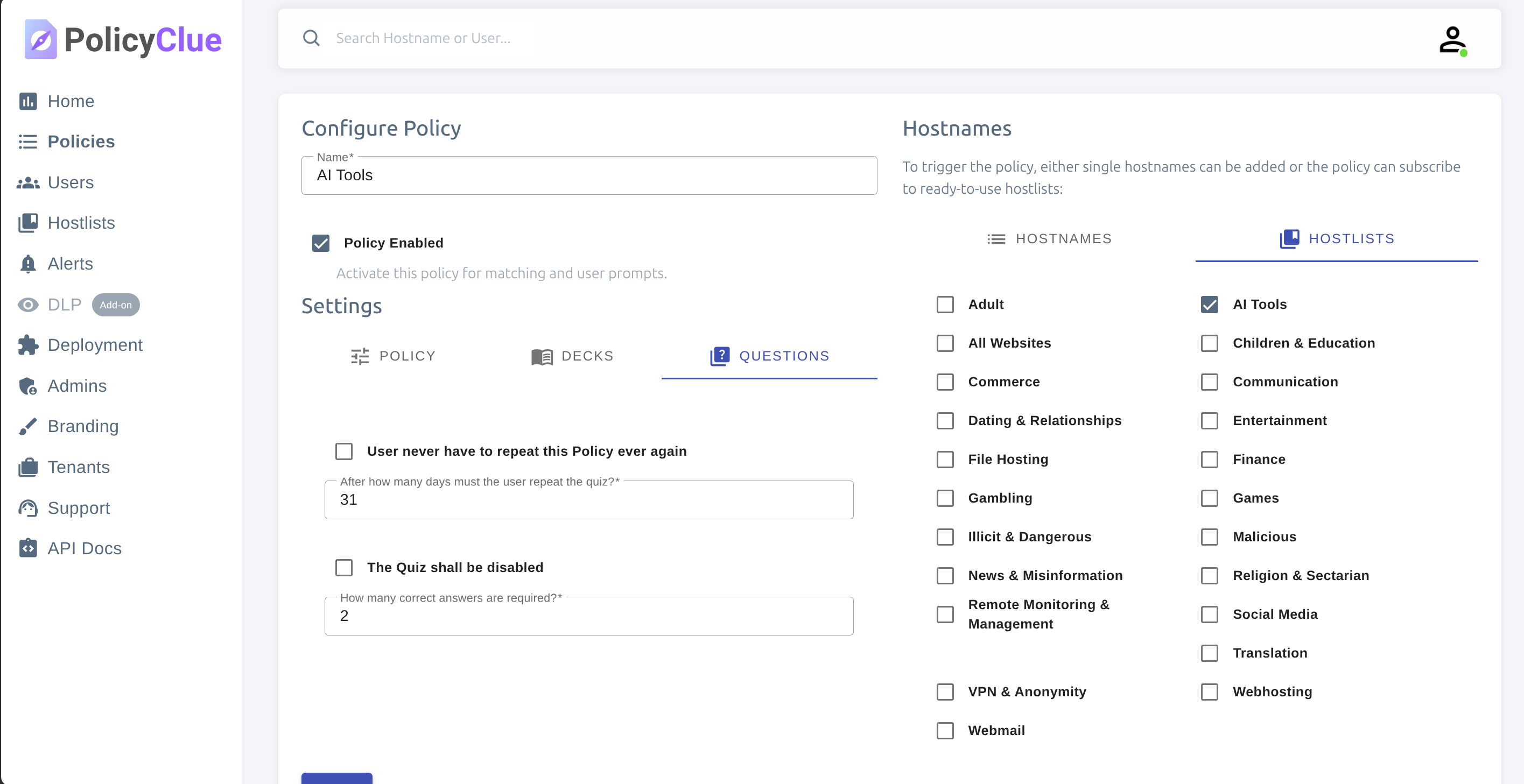 Policy settings